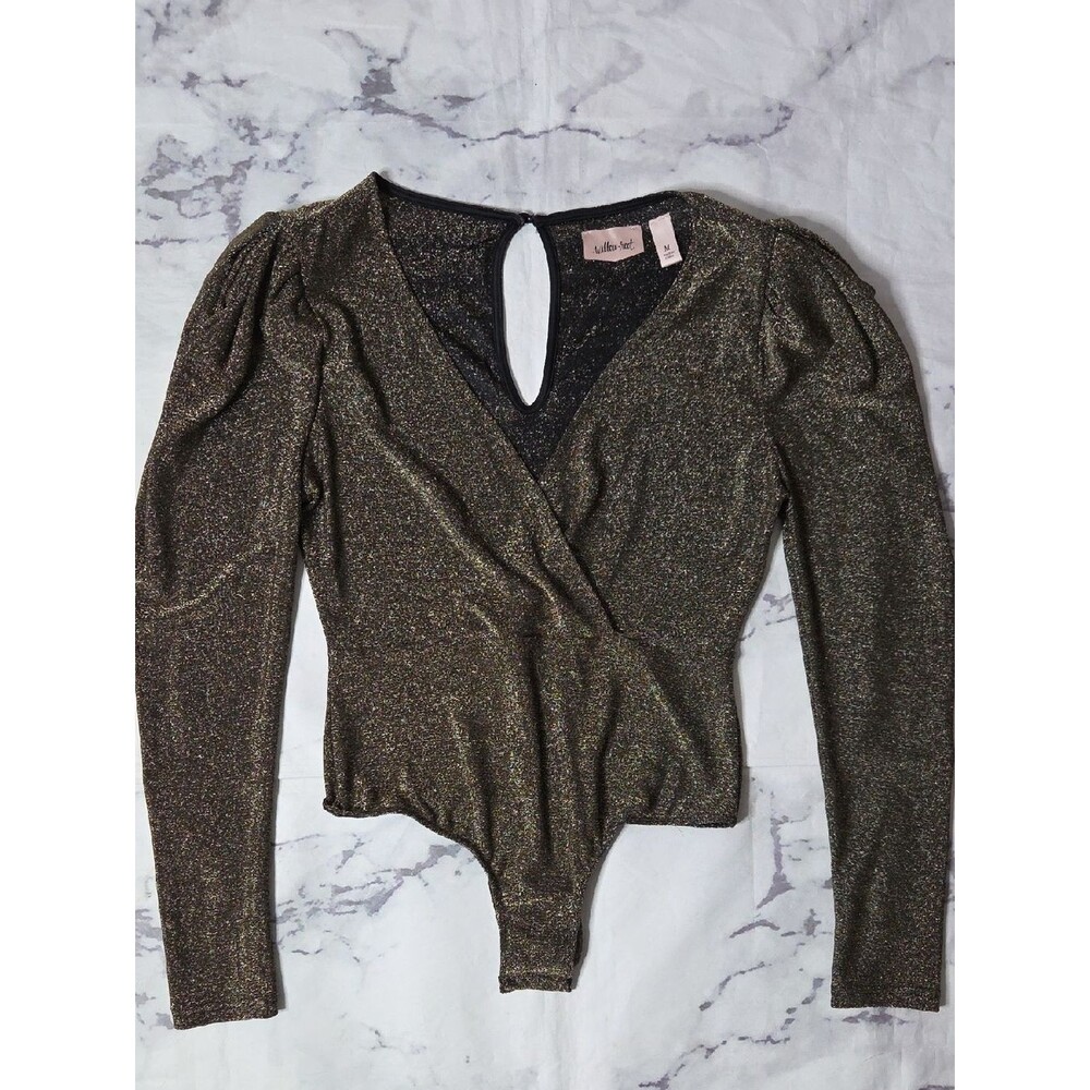 Willow+Root Black Shimmery Gold Wrap-Front Long Sleeve Bodysuit